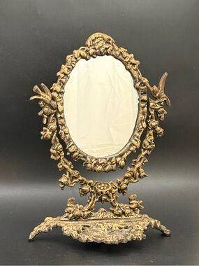 Victorian Style Antique Brass Finish Ornate Heavy Cast Iron Swivel Vanity Mirror